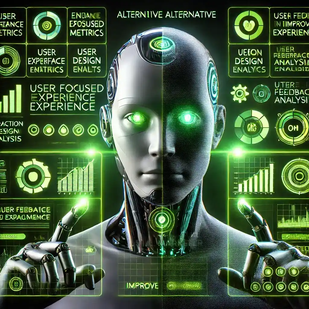 Half-human, half-robot digital marketer working on user-focused experience design with futuristic tools and holographic screens.