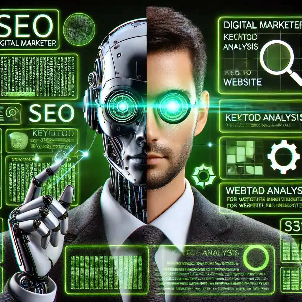 Half-human, half-robot digital marketer working on an SEO-optimized website with futuristic tools and holographic screens.