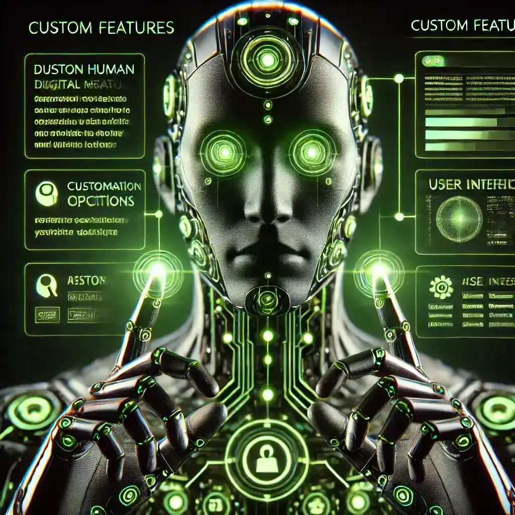 Half-human, half-robot digital marketer working on custom features for a website with futuristic tools and holographic screens.
