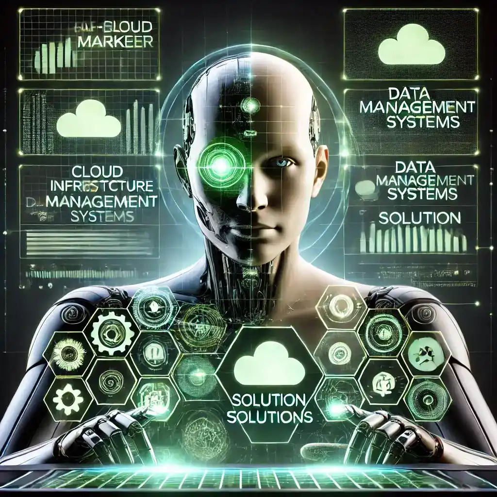 Half-human, half-robot digital marketer working on cloud-based solutions with futuristic tools and holographic screens.