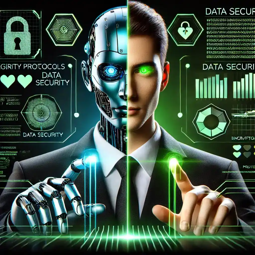 Half-human, half-robot digital marketer working on data security with futuristic tools and holographic screens.