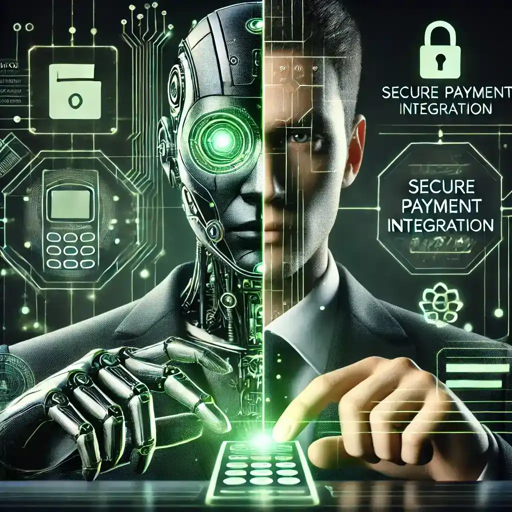 Half-human, half-robot digital marketer working on secure payment integration with futuristic tools and holographic screens.