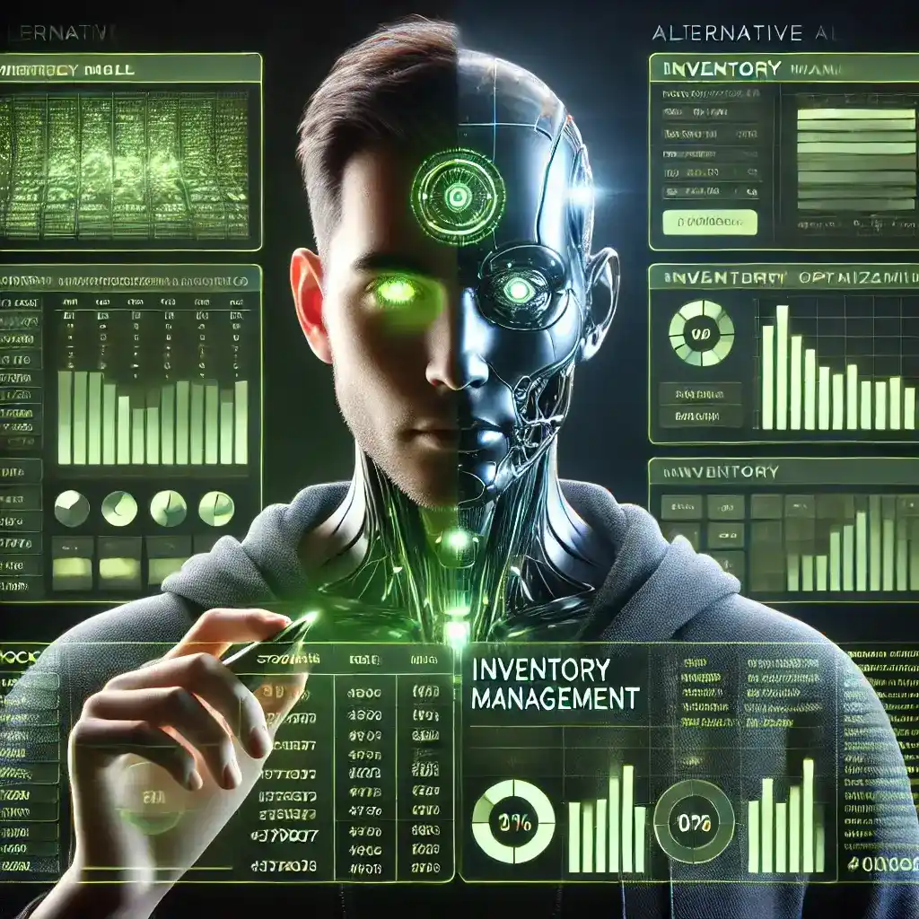 Half-human, half-robot digital marketer working on inventory management with futuristic tools and holographic screens.