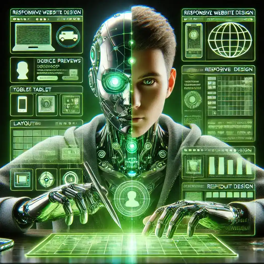 Half-human, half-robot digital marketer working on responsive website design with futuristic tools and holographic screens.
